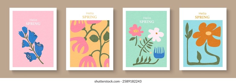Floral collection with flowers, leaves for your design. Hand drawn set, boho groovy style. Vector illustration.