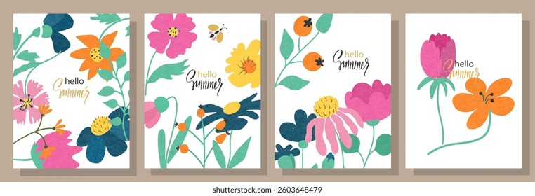 Floral collection with flowers, leaves for your design. Hand drawn set, boho groovy style. Vector illustration.