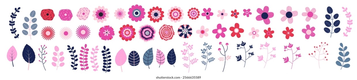 A floral collection of flowers, stems, leaves, twigs in pink and blue colors, wedding graphic design elements