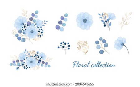 Floral collection isolated. Elegant blue flowers and leaves, eucalyptus, berries, gold plants. Stickers with beauty flowers.