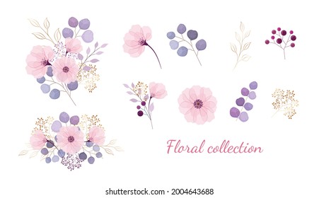 Floral collection isolated. Elegant blush flowers with purple leaves, eucalyptus, berries, gold plants. Stickers with beauty flowers.