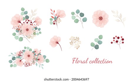 Floral collection isolated. Elegant pink flowers with green leaves, eucalyptus, berries, gold plants. Stickers with beauty flowers.