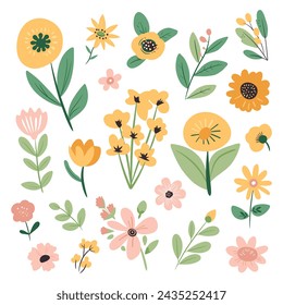 Floral collection with leaves in flat style, flower bouquets. Vector spring flowers set. Clipart isolated on white.