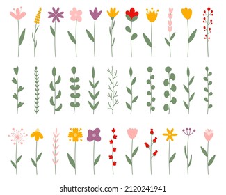 Floral collection with leaves, flower bouquets. Vector flowers isolated on white. Cute elegant simple flat botanical illustration. Spring grenery. Illustration for floristic cards, shops, Easter decor