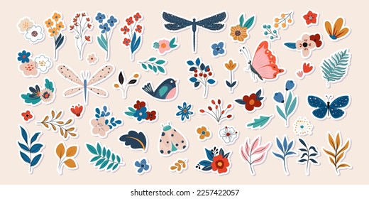 Floral collection with leaves, flower bouquets, bird, butterflies. Simple minimalist flowers. Spring, summer art print with botanical elements. Cartoon flat vector icons.
