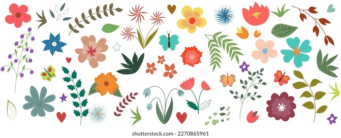 Floral collection with leaves, flower bouquets. Vector flowers. Spring art print. Folklore style. Icons isolated on white background.