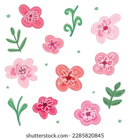 Floral collection with leaves, flower bouquets. Vector flowers on a white background. Spring art print with botanical elements.