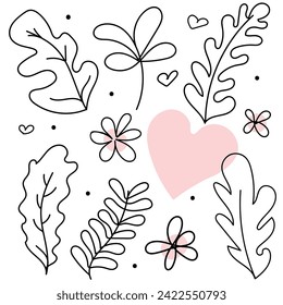 Floral collection with leaves, flower bouquets. Minimalist black linear sketch on white background. Vector illustration