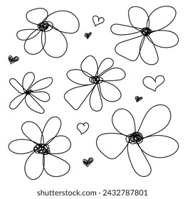 Floral collection with leaves, flower bouquets. Minimalist black linear sketch on white background. Vector illustration