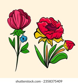 floral collection with leaves and flowers,drawing watercolor small flower. Botanical illustration minimal style.