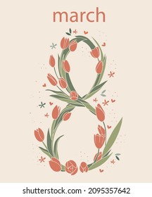 Floral collection with leaves, tulips Happy 8 March. Vector flowers. Spring art print with botanical elements. Festive postcard. Folk style. Spring holiday posters. icons isolated on white background.