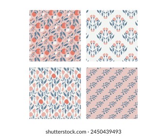 Floral collection seamless pattern. Pink and blue wildflowers endless background set. Botanic loop ornament. Vector flat hand drawn illustration.