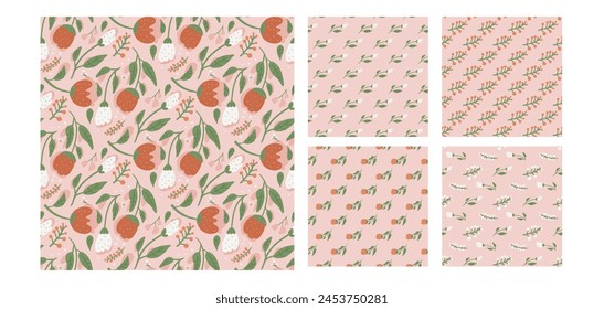 Floral collection seamless pattern. Pink red and white wildflowers endless background set. Summer meadow repeat covers. Botanic loop ornament. Vector flat hand drawn illustration.