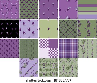 Floral Collection of floral seamless patterns from purple sage flowers and green leaves and stems.

