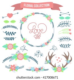 Floral Collection. Set of cute retro flowers and branches arranged un a shape of the wreath perfect for wedding invitations and birthday cards. Boho style.