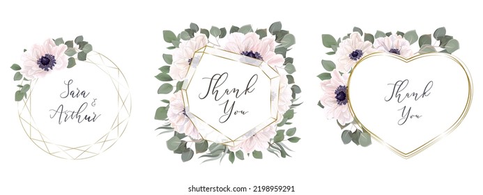 Colección Floral. Un conjunto de marcos para el diseño de la boda. Anemones blancos, eucalipto, plantas verdes y flores, marcos dorados. Marcos y flores blancas sobre fondo blanco 