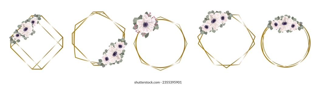 Floral Collection. A set of frames for wedding design. White anemones, eucalyptus, green plants and flowers, gold frames. 