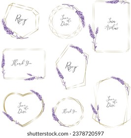 Floral Collection. A set of frames for wedding design. Lavender, gold frames. Cute lavender sprigs in monochrome purple color. 
