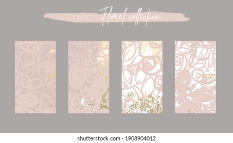 Floral collection set trendy chic social media stories backgrounds with botanical rose flower motifs and gold foil touch in nude beige pastel color palette