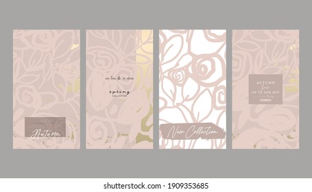 Floral collection set trendy chic social media stories backgrounds with botanical rose flower motifs and gold foil touch in nude beige pastel color palette
