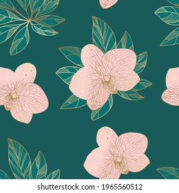 Floral collection of vector patterns. Floral seamless pattern with gold edging. All illustrations are drawn entirely by hand.
