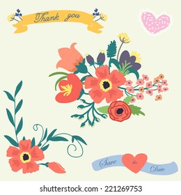 Floral collection for wedding or other design, ribbons and hearts