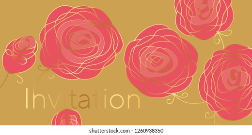 Floral color invitation vector template. Pink roses with golden gradient outline. Lettering on beige background. Blooming flowers vintage illustration. Decorative greeting card, poster design