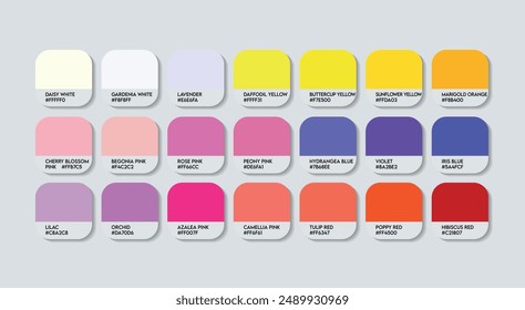 Floral Color Palette, Floral Color Guide Palette with Color Names. Catalog Samples of Flowers with RGB HEX codes and Names. Floral Multi Colors Palette Vector, China Fashion Trend Flower Color Tones