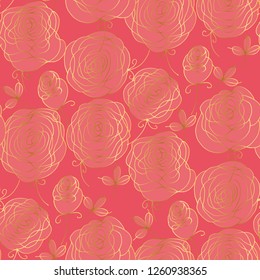 Floral color seamless vector pattern. Pink roses with golden gradient outline on soft background. Fabric vintage texture. Blooming flowers illustration. Textile, wallpaper, wrapping paper design
