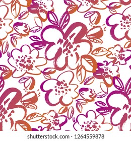 Floral color seamless vector pattern. Hand drawn gradient violet flowers on white background vintage drawing. Grunge brushstroke blossoms sketch. Decorative botanical textile, wrapping paper design
