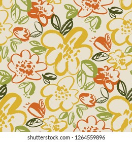 Floral color seamless vector pattern. Hand drawn yellow, orange flowers background retro drawing. Grunge brushstroke blossoms sketch. Decorative botanical wallpaper, wrapping paper design