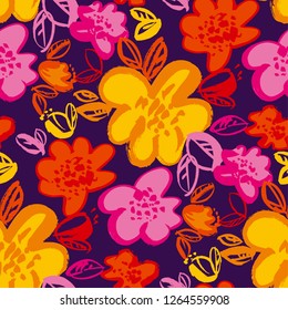 Floral color seamless vector pattern. Hand drawn yellow, red, purple blossoms on violet background vintage drawing. Grunge brushstroke blooming flowers sketch. Wallpaper, wrapping paper, textile