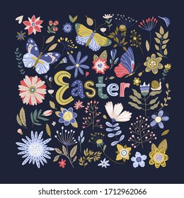 Floral color vector lettering greeting card in a flat style. Ornate flower holiday spring illustration with hand drawn calligraphy text quote - Happy Easter.
