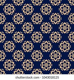 Floral colored seamless pattern. Golden blue background with fower elements for wallpapers.