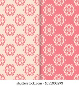 Floral colored seamless patterns. Backgrounds with fower elements for wallpapers.