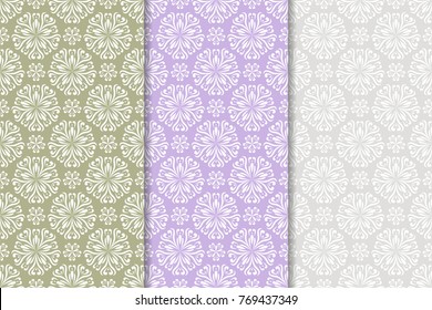 Floral colored seamless patterns. Set of abstract flower designs for fabrics and wallpapers. Vector illustration