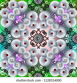 Floral colorful 3d vector seamless pattern. Abstract ornamental blossom chamomile flowers background, wallpaper, illustration. Decorative vintage flourish spring summer ornaments. Surface texture