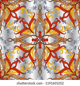 Floral colorful 3d vector seamless pattern. Textured surface silver background. Decorative hand drawn vintage Damask ornament. Elegance flowers, leaves, swirls. Ornate design for wallpapers, textile