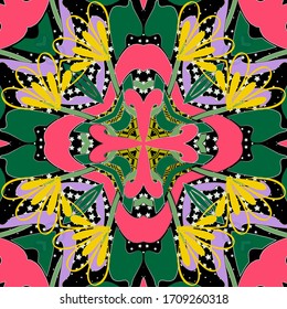 Floral colorful abstract seamless pattern. Vector floral background. Greek style repeat backdrop. Geometric ornament. Ethnic tribal style fantasy shapes,  flowers, stars. Trendy symmetrical design.