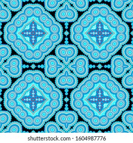 Floral colorful abstract vector blue  Paisley seamless pattern. Doodle hand drawn ethnic style tribal ornament. Decorative ornamental elegance background. Lace paisley flowers, shapes, circles, lines.