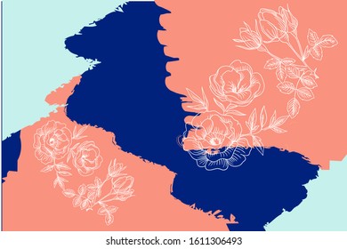 Floral colorful abstract vector design template with botanical elements and pastel and dark blue colors.