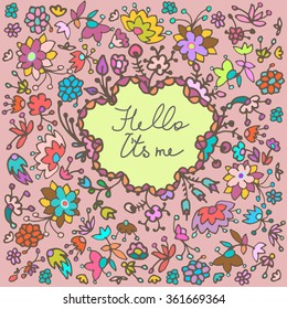 Floral colorful background frame with empty space for text. Greeting card, invitation, wedding card
