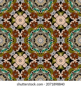 Floral colorful boho seamless pattern. Motley gypsy style ornamental vector background. Repeat bright backdrop. Mandalas, flowers and leaves ornaments. Vintage flourish ornate design. Endless texture.