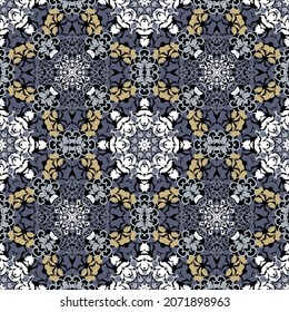 Floral colorido patrón ininterrumpido. Antecedentes de vectores ornamentales de estilo étnico. Repetir el fondo con patrones. Mandalas, flores y adornos de hojas. Diseño ornamental floreciente de época. Textura sin fin.