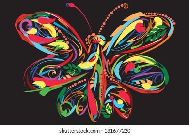 Floral colorful butterfly on black background