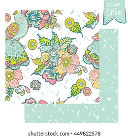 Floral colorful Card with  bird, beautiful doodle background, seamless pattern for design, Vector