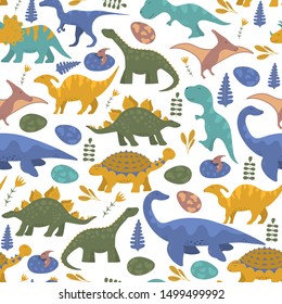 Floral colorful dinosaur seamless pattern for kids wallpaper with raptor, rex, ankylosaurus and pterodactyl. Vector isolated dino background for boy t-shirt textile.