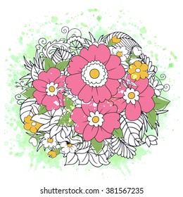 Floral colorful doodle composition on green watercolor background. Very useful for greeting, invitation, poster