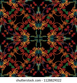 Floral colorful embroidery seamless pattern. Bright vector ornamenal tapestry background. Beautiful embroidered flowers. Abstract modern grunge texture. Vintage arras textured decorative ornament.