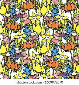 Floral colorful endless pattern, hand drawn seamless background ink graphic art design elements stock vector illustration, for web, for print, for textile, for cower